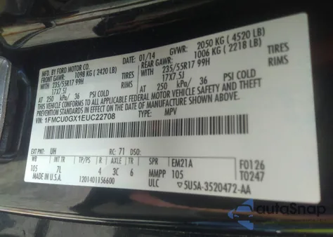 2014 Ford Escape Se из США, поврежденный, VIN 1FMCU0GX1EUC22708